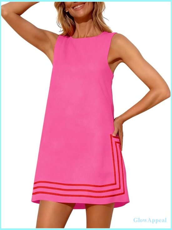 Dresses & Skirts - Sleeveless Boho A-Line Mini Dress Color Block Beach Coverup